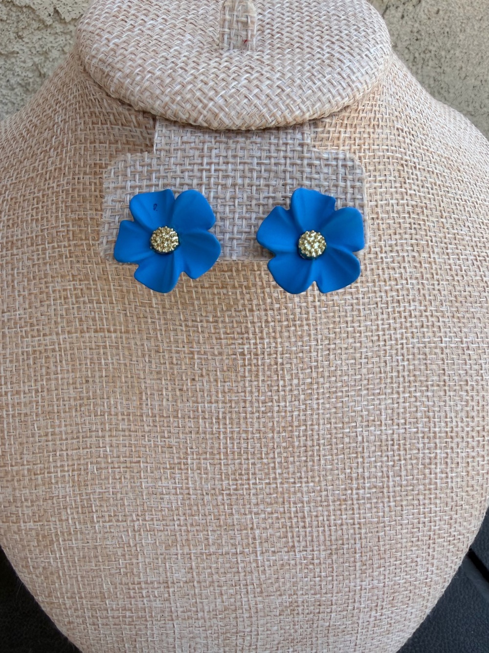 New Blue Floral Stud Earrings with Gold Center